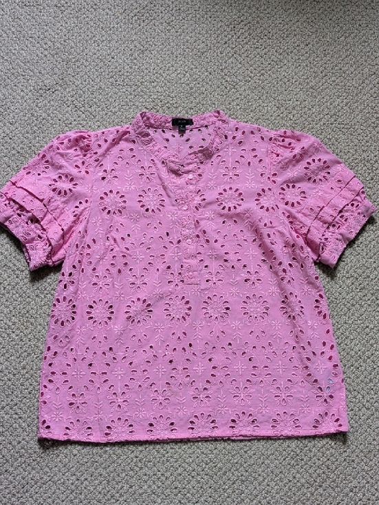 J. Crew Tops - J. Crew Pink Split-Neck Embroidered Eyelet Short Puff Sleeve Blouse